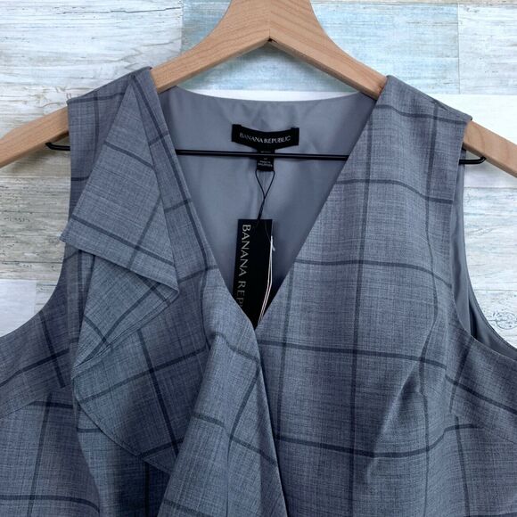 Banana Republic Wool Cascade Ruffle Top Gray Windowpane Womens Small Petite SP - Picture 3 of 8